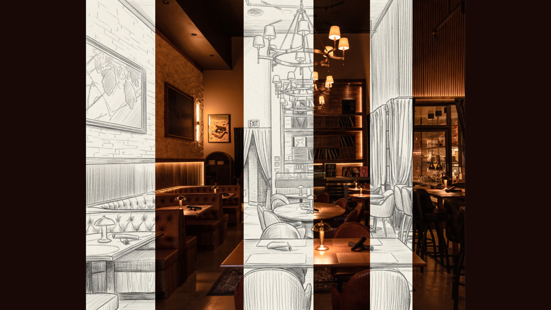 A room shown half as a pencil elevation and half as the built interior, in alternating vertical slices — drawing resolving into the finished space.
