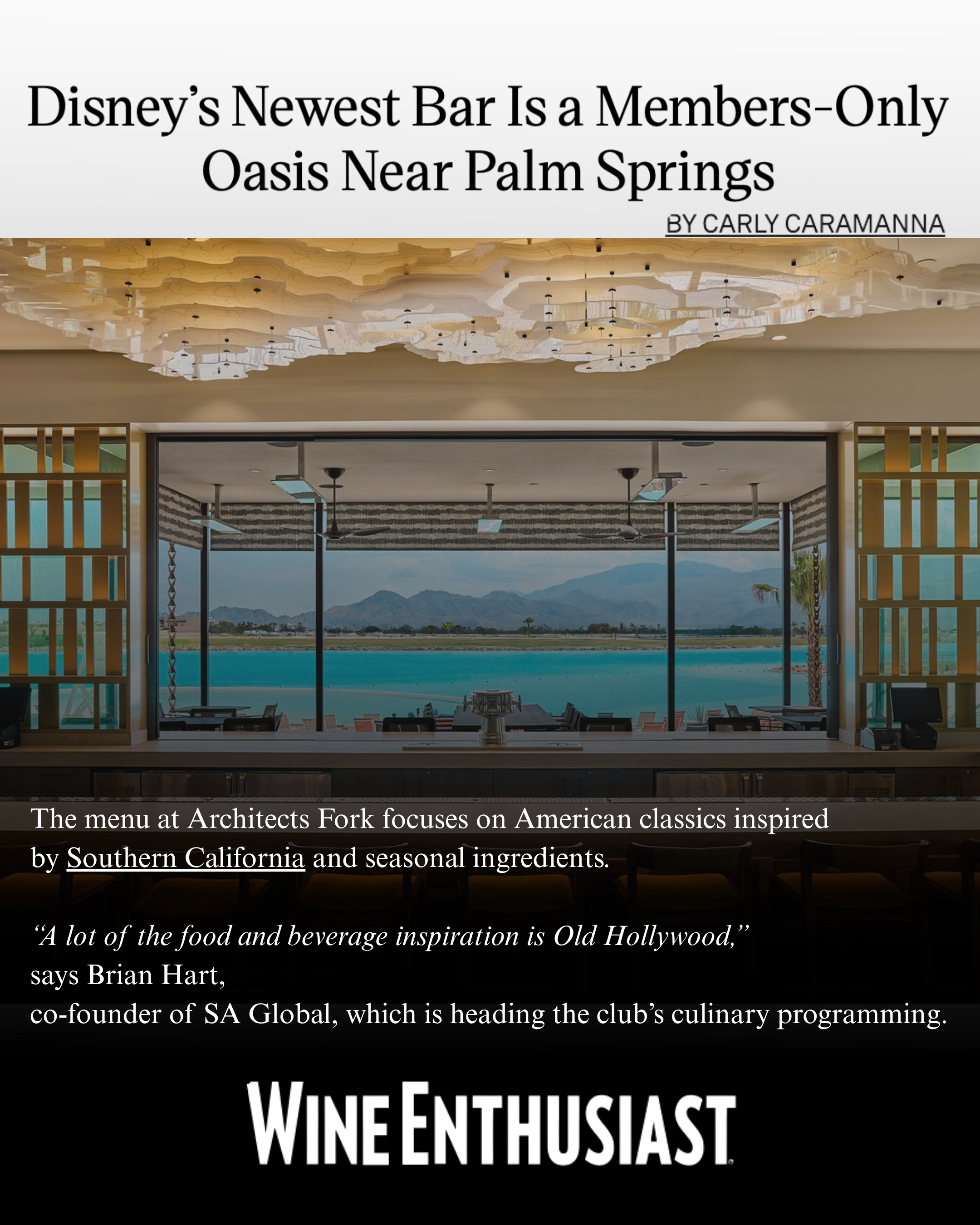 Wine Enthusiast feature: Disney's Newest Bar Is a Members-Only Oasis Near Palm Springs.